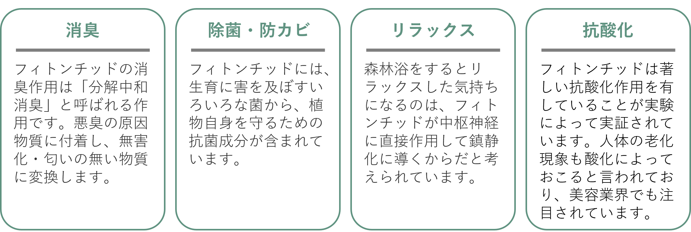 フィトンチッドの主な効果である消臭、除菌・防カビ、リラックス、抗酸化作用の紹介