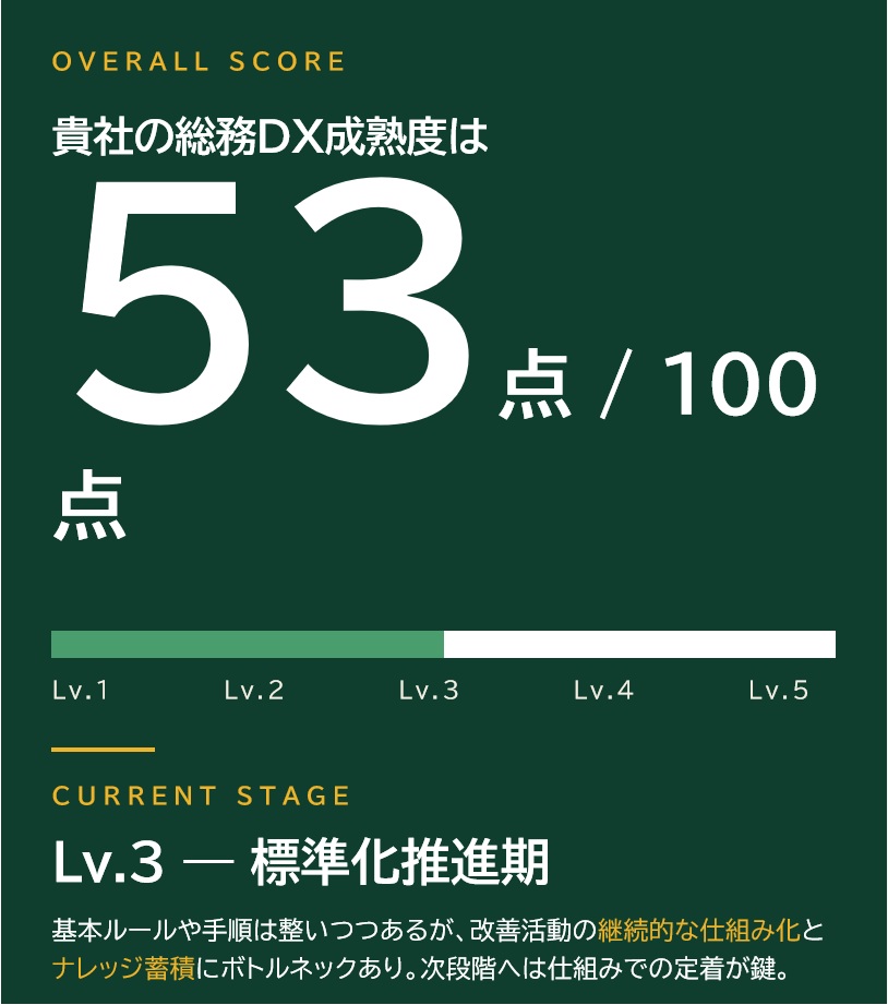 総務DX成熟度診断の総合スコア53点。レベル3「標準化推進期」を示す結果画面。