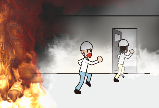 オフィスのビル火災から逃れる人々のイラストにリアルなCGの炎と煙を合成したイラスト