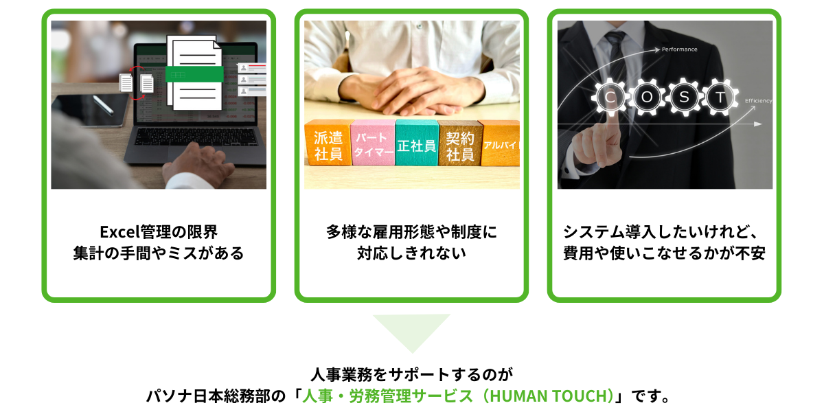 こんなお悩みありませんか？Excel管理の限界。集計の手間やミスがある、多様な雇用形態や制度に対応しきれない、システム導入したいけれど、費用や使いこなせるかが不安。人事業務をサポートするのがパソナ日本総務部の「人事・労務管理サービス（HUMAN TOUCH）」です。