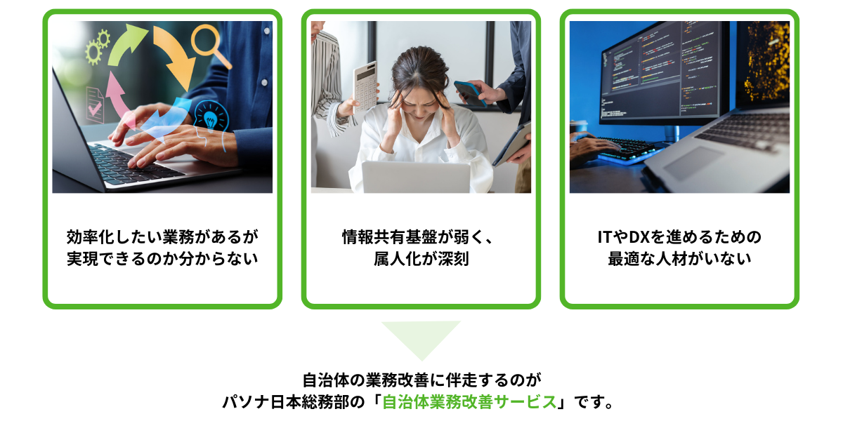こんなお悩みありませんか？効率化したい業務があるが実現できるか分からない、情報共有基盤が弱く、属人化が深刻、ITやDXを進めるための最適な人材がいない。自治体の業務改善に伴走するのが、パソナ日本総務部の「自治体業務改善サービス」です。
