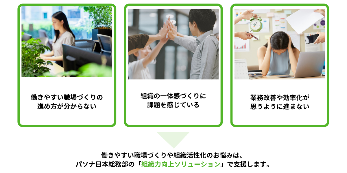 働きやすい職場づくりの進め方が分からない、組織の一体感づくりに課題を感じている、業務改善や効率化が思うように進まないなどの組織課題